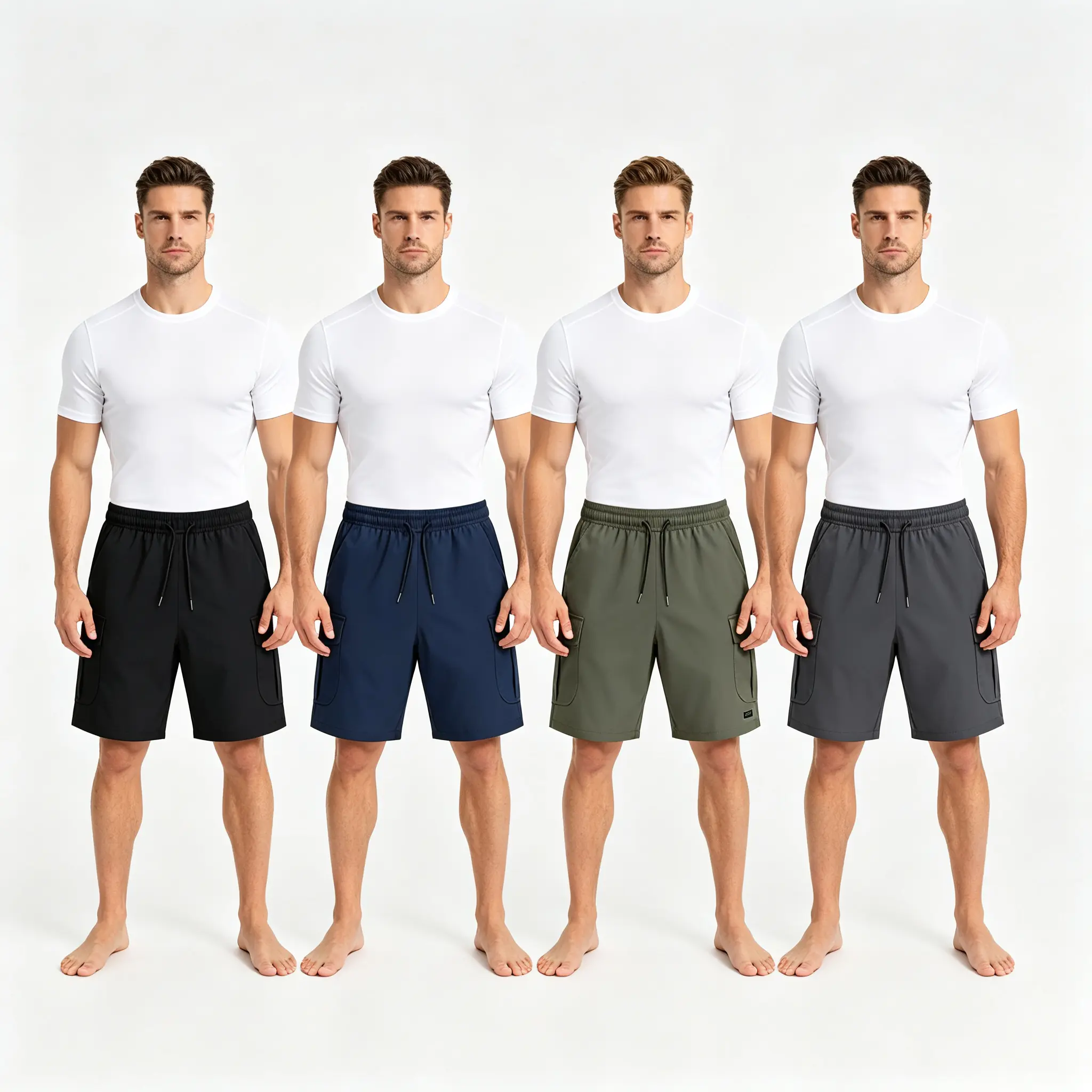4-pack men’s quick-dry cargo shorts—lightweight, breathable athletic shorts with multiple side pockets and an elastic waistband; loose fit casual outdoor hiking jogging pants suitable for everyday summer wear.