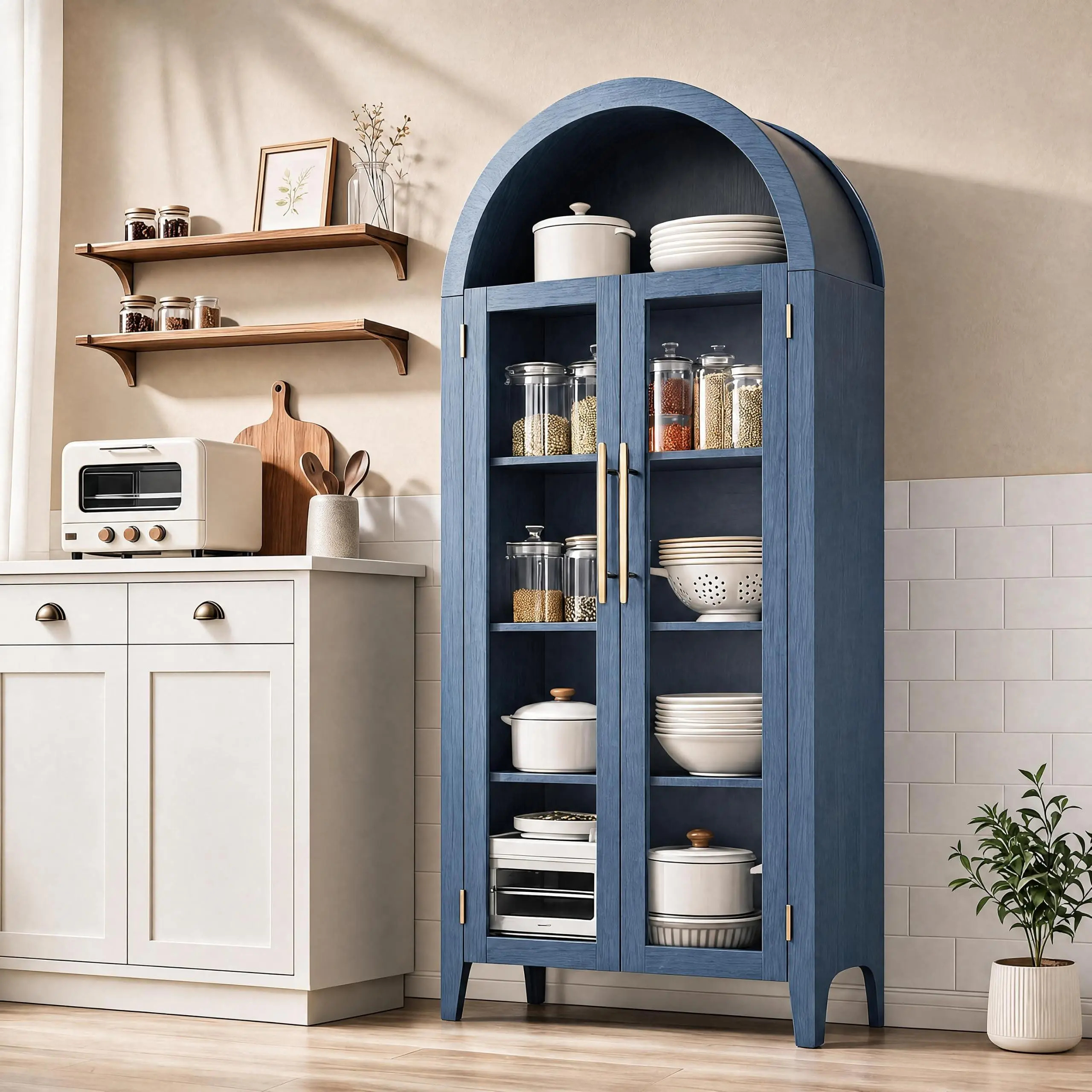 Arched cabinet with glass doors, 5-tier kitchen pantry cabinet with adjustable shelves, farmhouse display storage cabinet for dining room and living room, blue