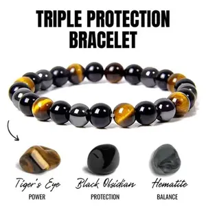 Triple Protection Zodiac Bracelet with Natural Tiger's Eye, Black Obsidian & Hematite, Astrology Healing Stones for Celestial Balance & Protection, Birthstone Manifestation Jewelry for Leo Scorpio Capricorn, Spiritual Gift for Men & Women