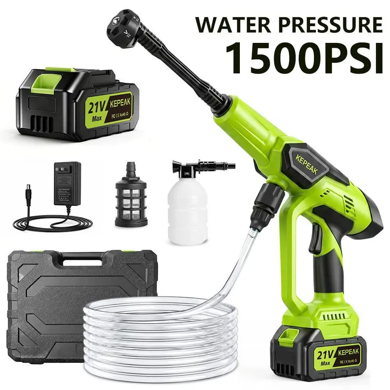 【ToolUpgrade】KEPEAK 21V Cordless Pressure Washer - 21V Cordless Power, 1500PSI, 200W Strong Pump, 13000mAh Batteries, 6-in-1 Nozzle, Foam Cannon, 5M Hose, Adjustable Cleaning Gun, Filter, Handheld Power Washer, Tools and Gadgets, for Car, Outdoor Use