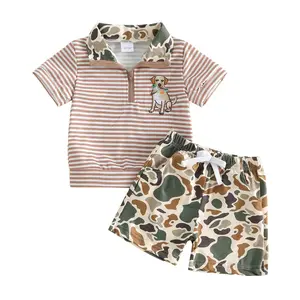 Toddler Baby Boy Hunting 2Pcs Outfit Camouflage Mallard Duck Half Zip Short Sleeve Striped T Shirt Tops and Shorts Summer Clothes