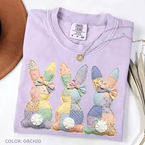 Comfort Colors Patchwork Easter Bunny PRINTT-shirt, Cute Vintage Cottagecore Bunny Shirt Womenswear