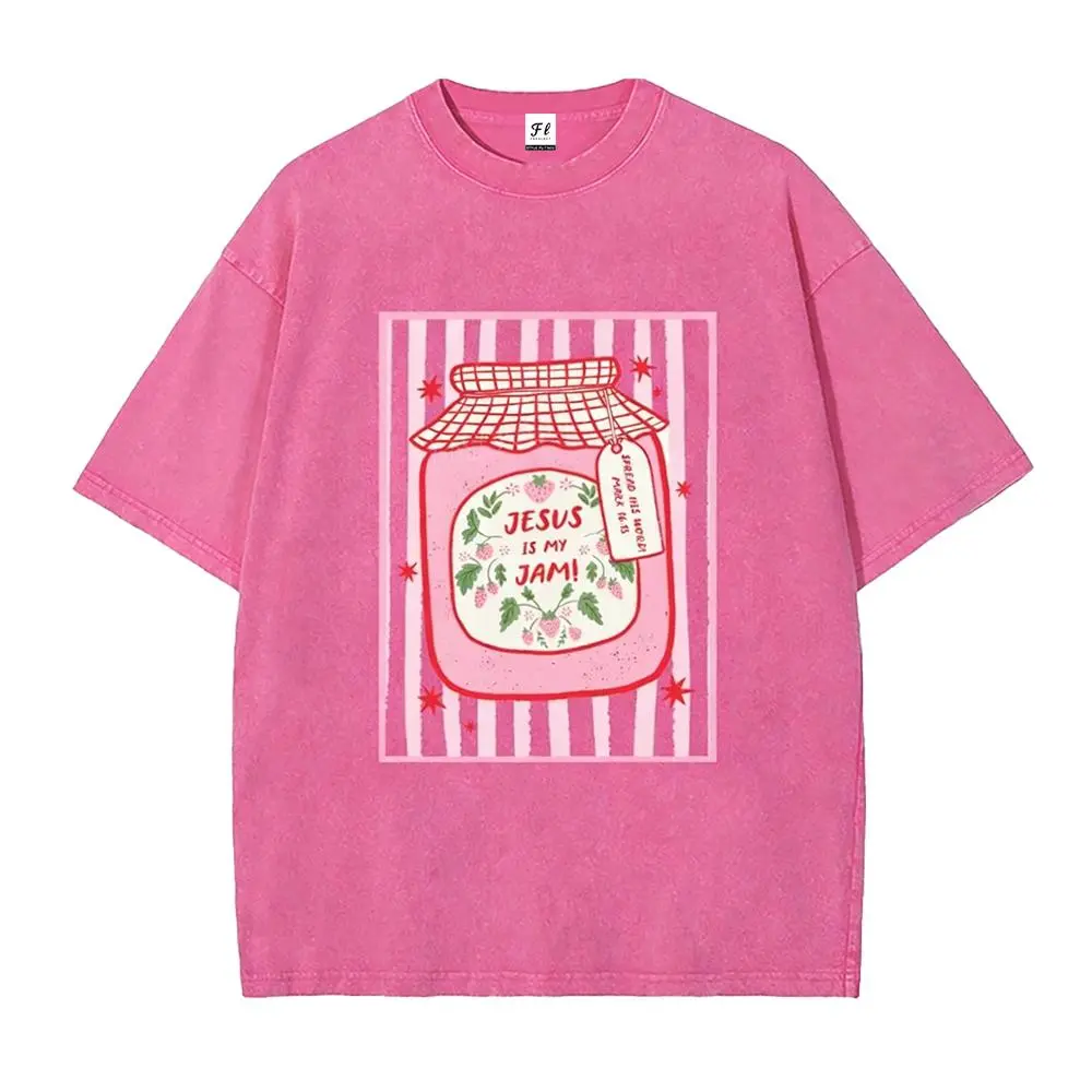 Women's Short-Sleeve Christian T-Shirt - Pink Washed, Unisex Jesus Is My Jam Strawberry Jam Jar Print, "Make His Mercy Known" Tagline, Solid, Shortsleeve, Lightweight, Breathable