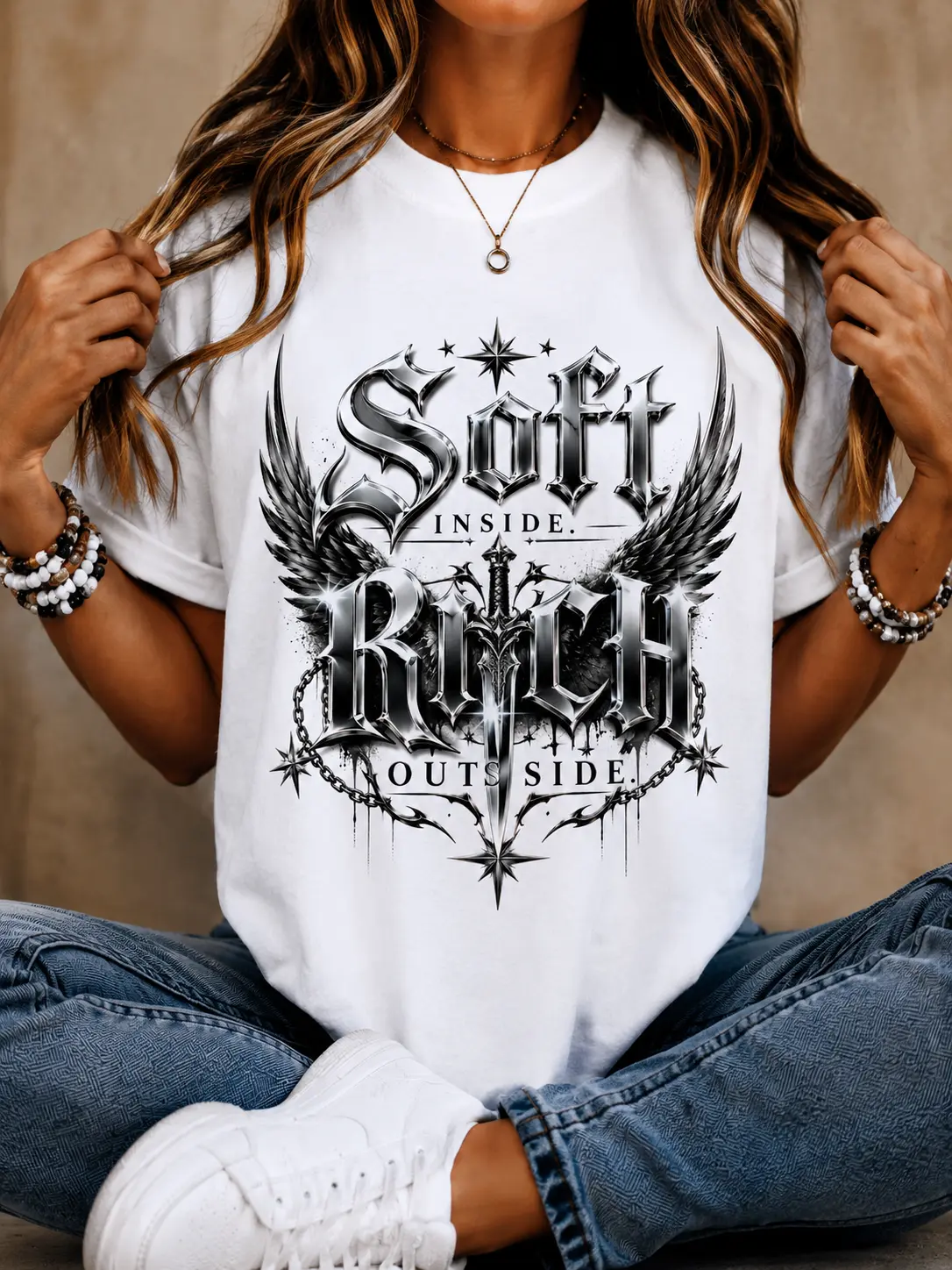 Women's Casual Gothic T-Shirt with a Chrome Graphic Winged Design, a Soft Short Sleeve Piece for Everyday Wear, Shortsleeve, Round Neck, Lady, Streetwear, Style, Top, Cotton Fabric, Graphic Print, Machine Wash