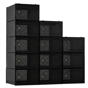 Garvee 12 Pcs Shoe Boxes, Transparent Stackable Plastic Shoe Organizer Containers with Lids for Women/Men, Black