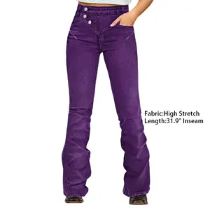 Flamingals Asymmetrical Patched Pocket Back Button Decor High Waist Bootcut Pants