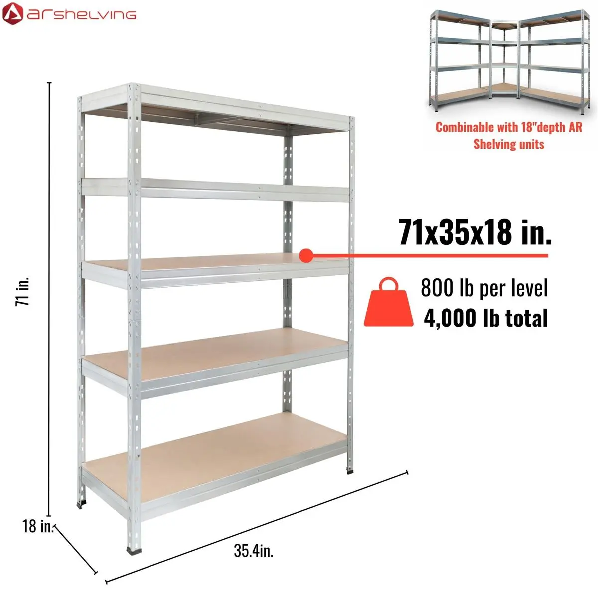 212 MAIN Durable 5-Tier Galvanized Freestanding Storage Rack Organizer - 35.4x18x71 in, Adjustable Shelf Unit, 800lb Capacity, for Garage, Commercial Office Furniture