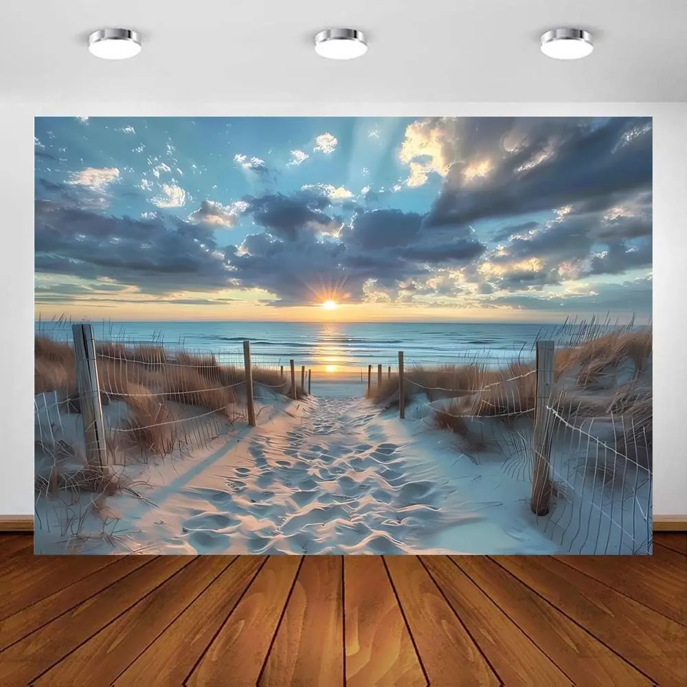 1PC 2D Flat Polyester Reusable Beach Sunset Backdrop Banner - Party Decorations Banners for Birthday, Photography, Featuring Sandy Beach, Sun, Clouds Scene,summerwins