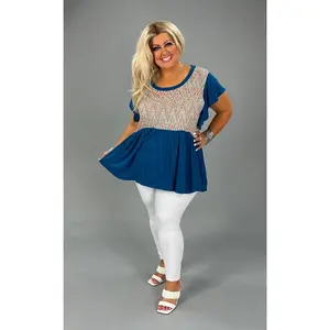 82 CP-P {Unique Feeling} Teal/Ivory Mix Babydoll Top PLUS SIZE XL 2X 3X