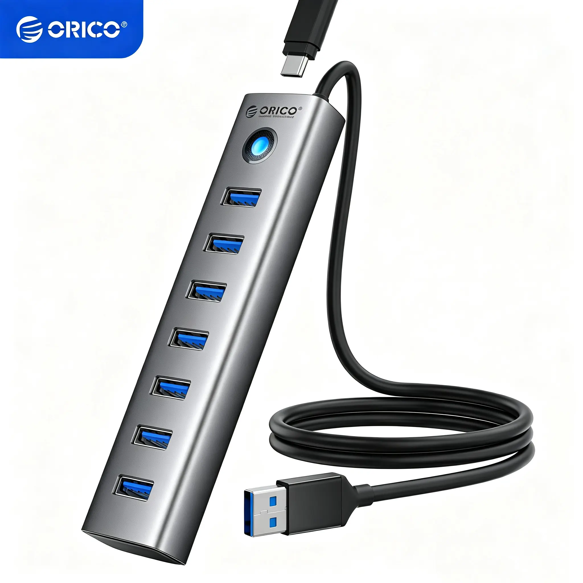 ORICO 7-Port USB 3.0 Hub, Aluminum USB Multiple Adapter, 5Gbps USB Extender USB Splitter with 1.64/3.28Ft Cable, UBS-A Hub Long Cable for Desktop, PC, Flash Drive, Mobile HDD, Windows/XPS - CLU7