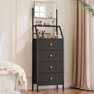 2-in-1 Dresser with Mirror, 4 Drawers Vanity Dresser with Storage Shelves, Small Dressers Fabric Chest of Drawers for Bedroom, Vertical Storage Cabinet for Small Space, Hallway, Closet, Black