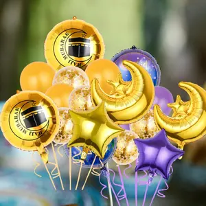 Eid Balloon Bouquet (1-Pack): Foil and Latex Balloons Featuring Crescent Moon and Mosque Designs for Eid Celebrations.