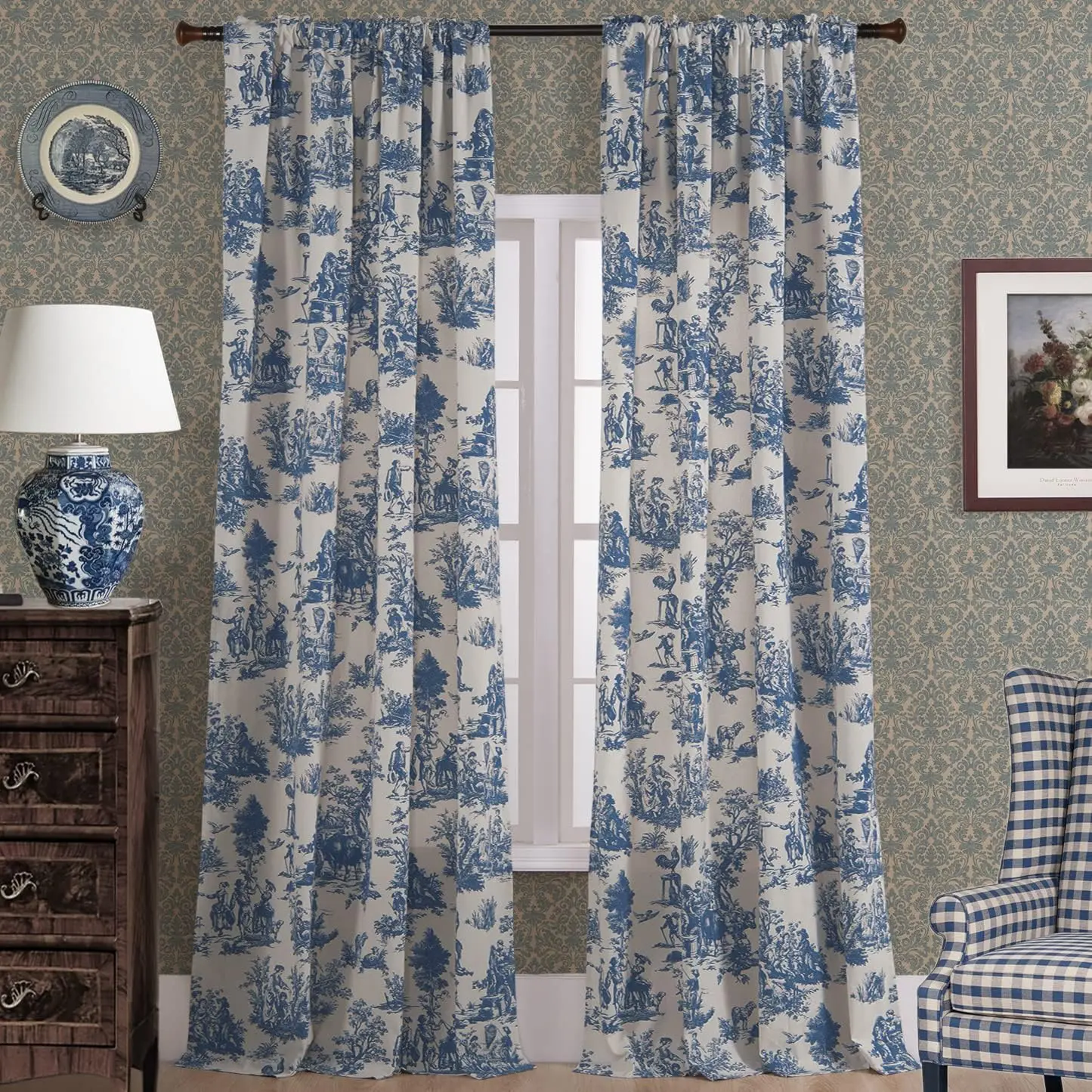 Blue and White Curtains 102 Inches Long for Living Room Set 2 Panels Moderate Blackout Darkening Window Cotton Toile Floral Ceiling to Floor Drapes for Bedroom Farmhouse Decor