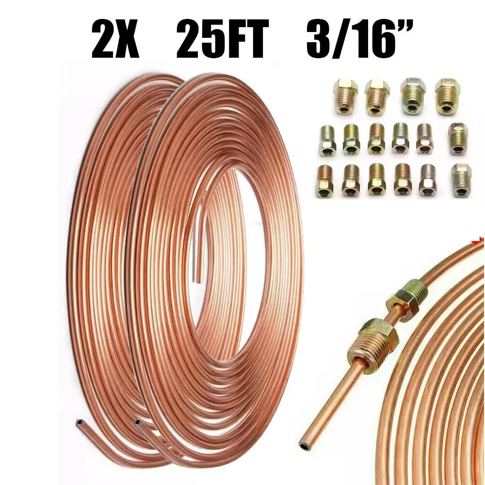 2x3/16" OD 25FT Copper Nickel Brake Line Kit, Professional Anti-Rust Tubing Coil with 32 Fittings, Easy to Hand Bend & Flare, Meets SAE/ISO Standards for Car Truck Repair