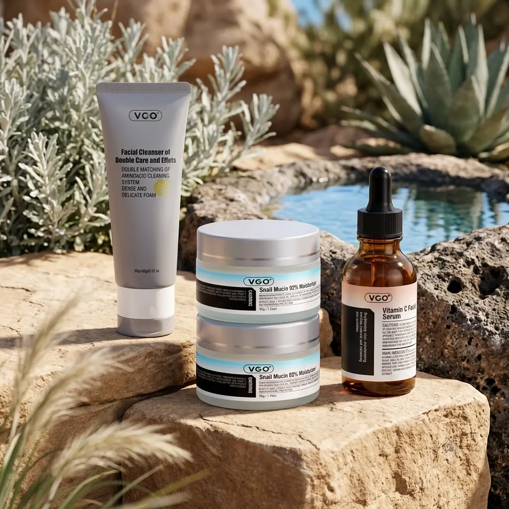VGO 3-Step Daily Skincare Set with Lightweight Facial Serum & Snail Mucin Cream for Cleansing & Hydration, Smooth, Evening, Creams, Unisex, Fresh And Clean, All Skin, Moisturizer, Hydrate, Cleanser, Vitamin C, Smooth Skin Routine, Daily Care, Hydrating