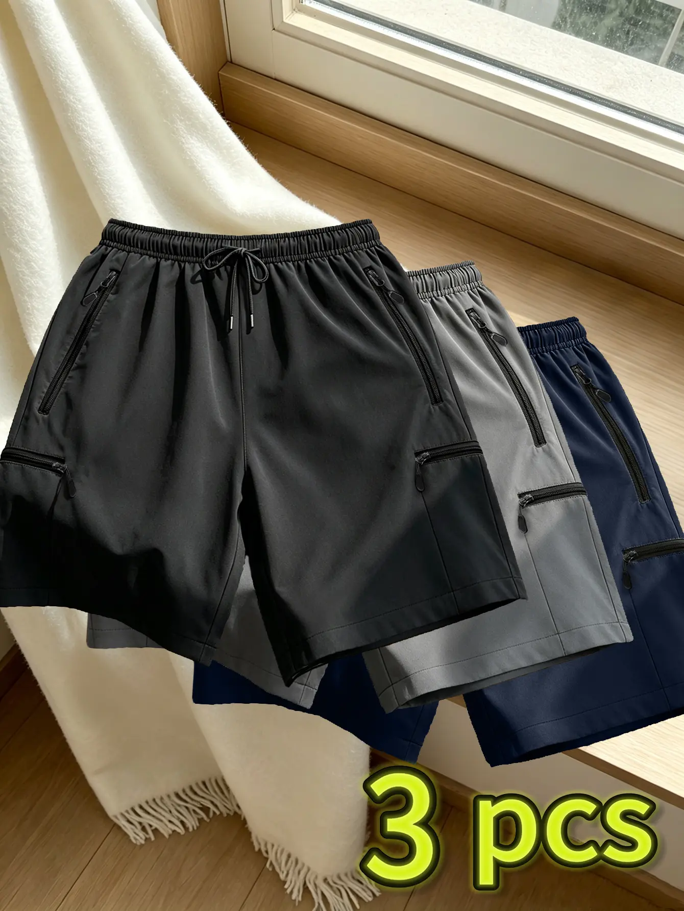 3-pack women’s casual athletic shorts featuring zippered pockets, water-resistant fabric, and four-way stretch—versatile for sports/fitness, everyday wear, and outdoor activities!
