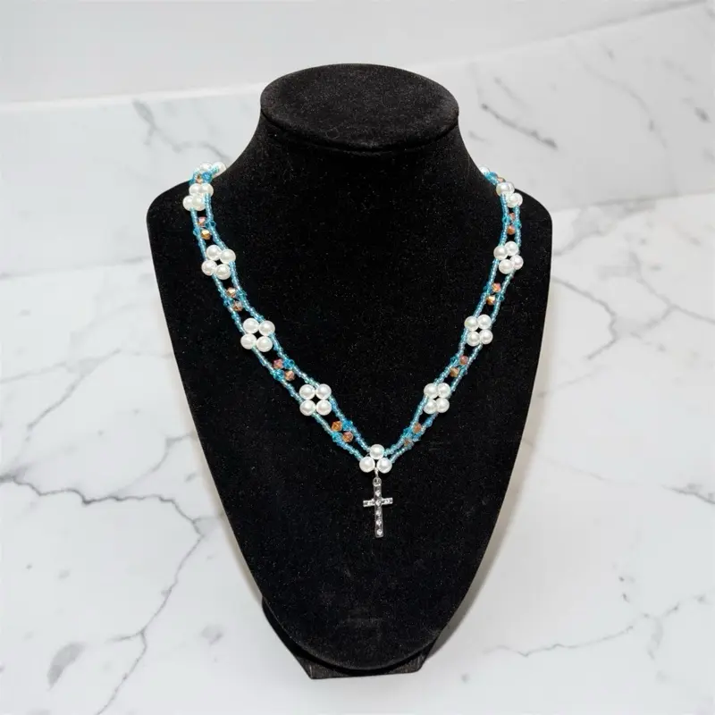 Ocean Grace Double-Layered Beaded Cross Necklace for Women - Elegant and Stylish Accessory