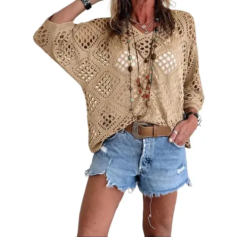 PHEFEE Women's 100% Cotton Cute Deep V-Neck Crochet Tunic - Loose Fit Batwing Sleeve Sheer Hollow-Out Knit Pullover, Boho Elegant Beach Summer Cover-Up Blouse