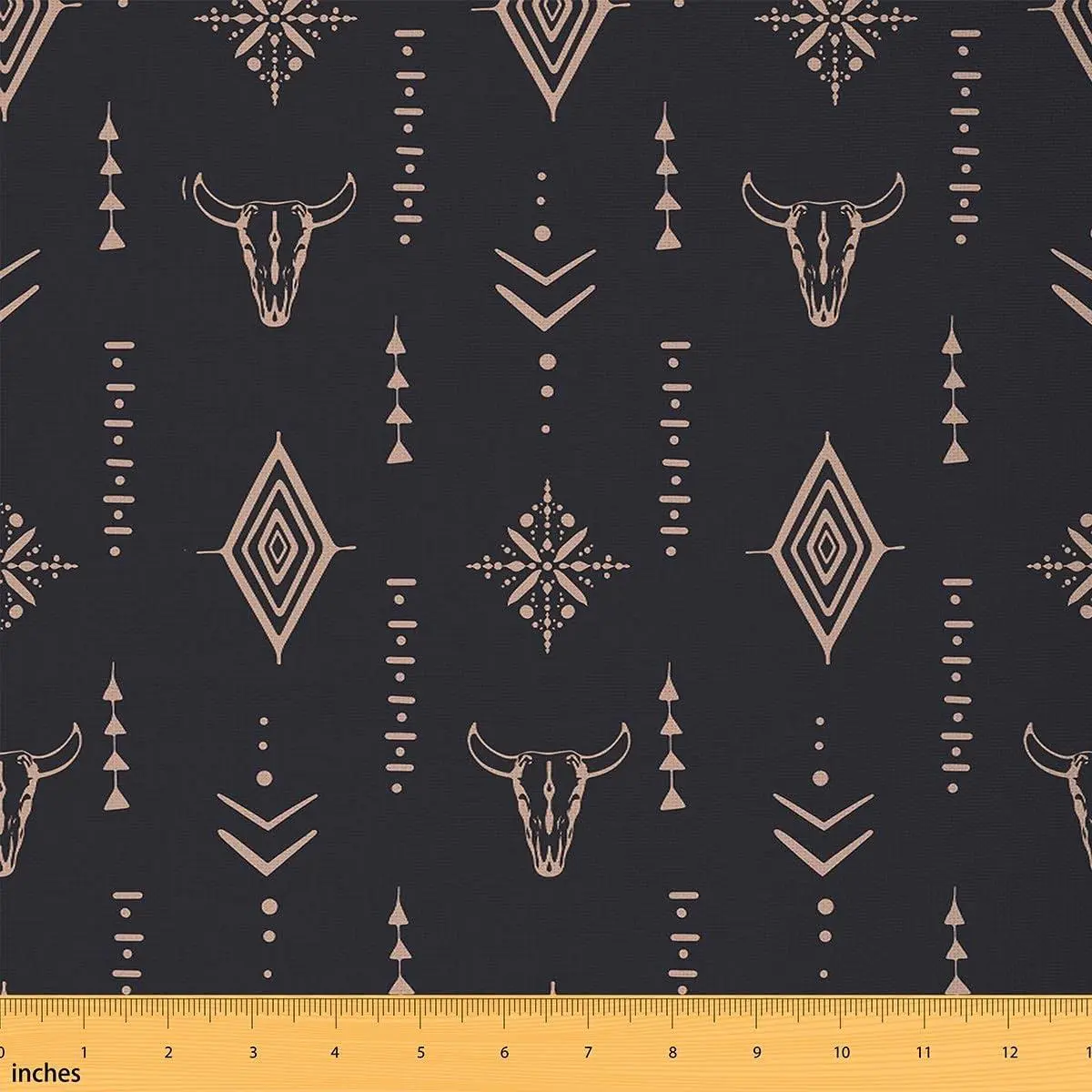 Bull Skull Fabric Boho Upholstery Fabric Ethnic Horns Bohemian Decorative Fabric Brown Tribal Symbol Mysterious Aztec Abstract Geometric DIY Indoor Outdoor Fabric