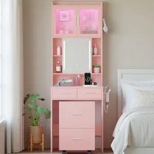 Apple fans, matte-faced particleboard with triamine, 3 drawers, 2 doors, 1 LED 3-color light, sliding mirror, makeup table set, with RGB light strip, 1 pair of goat hooks, power strip, hair dryer stand, caster wheels, small size.