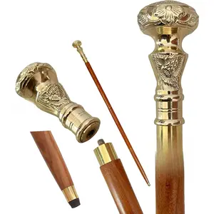 Vintage Brass Handle Telescope Walking Stick| Foldable Wooden Walking Cane| Multi-Functional Decor| Men Women Ideal Gift