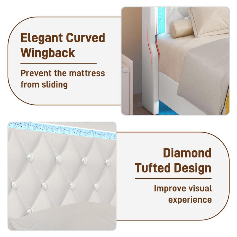 Floating Twin/Full/Queen Bed Frame with LED Light, Upholstered Platform Twin Bed with Charging Station & Wingback, Diamond Tufted Storage Headboard & Footboard, PU Leather, No Box Spring Needed, White/Pink Floating Twin/Full/Queen Bed Frame with LED Light, Upholstered Platform Twin Bed with Charging Station & Wingback, Diamond Tufted Storage Headboard & Footboard, PU Leather, No Box Spring Needed, White/Pink