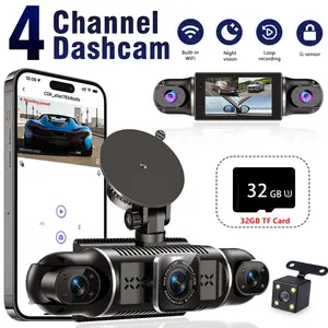 4-Channel Fhd 1080P Dash Cam, Front Dash Cam, 360° Driving Recorder with WiFi, Night Vision Dashcam, Loop Recording, Reverse View, Rear View Camera, 24-Hour Monitoring, Free 32GB Card