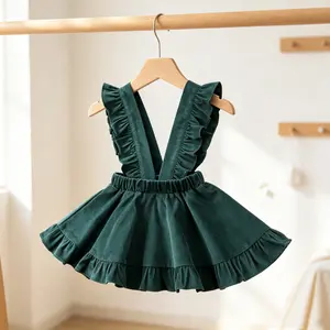 Girls Corduroy Suspender Skirt Fashion Casual Solid Green Lotus Leaf Tutu Skirt Party Outfits Clothes