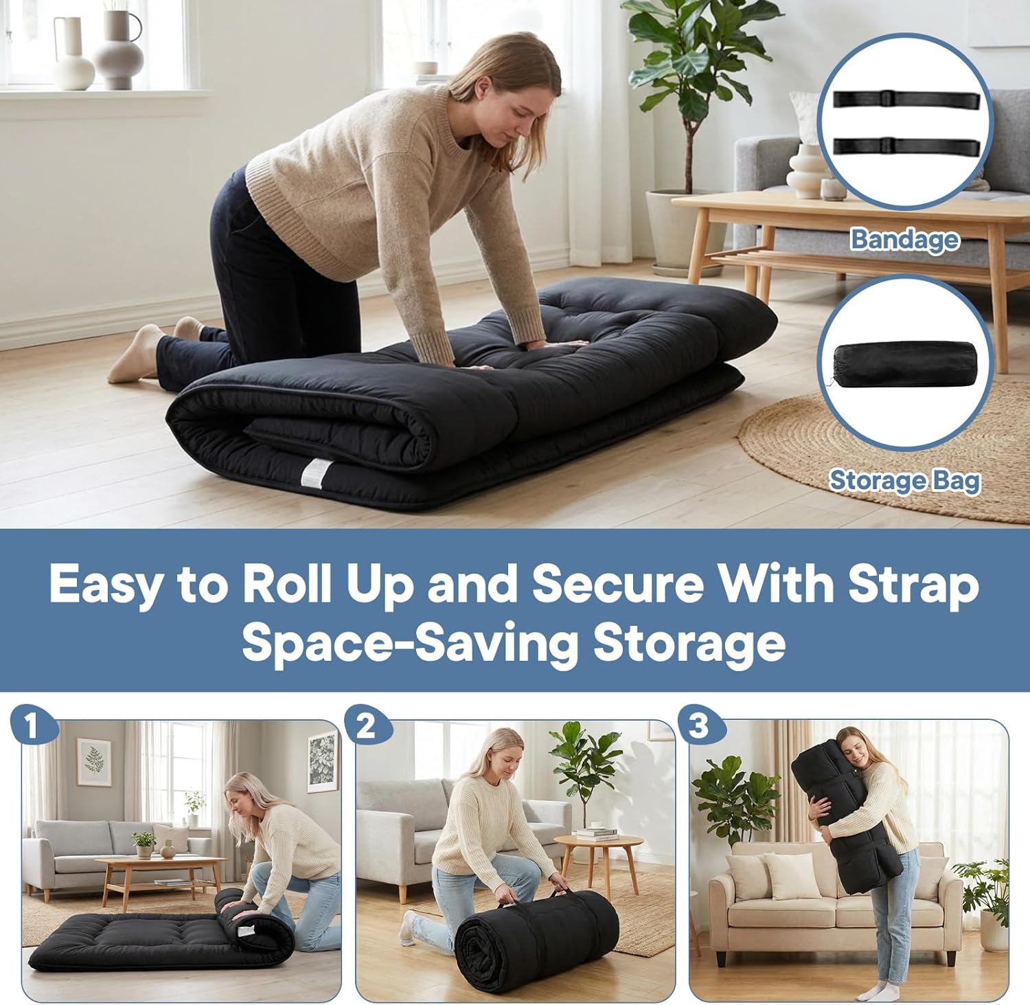 3 Inch Twin Futon Floor Mattress, Foldable Japanese Tatami Bed with Washable Cover, Roll Up Portable Guest Bed (Twin/Full/Queen, Black/Grey) #FloorMattress