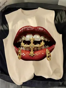 Men's Summer American Hip Hop Gold Teeth Lip Print Vest, Loose Fit Sleeveless Streetwear Top, Graphic Design, Casual Fashion