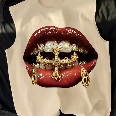 Men's Summer Tropical American Hip Hop Gold Teeth Lip Print Tank Vest, Loose Fit Sleeveless Vest Tops Streetwear Top, Graphic Design, Casual Fashion