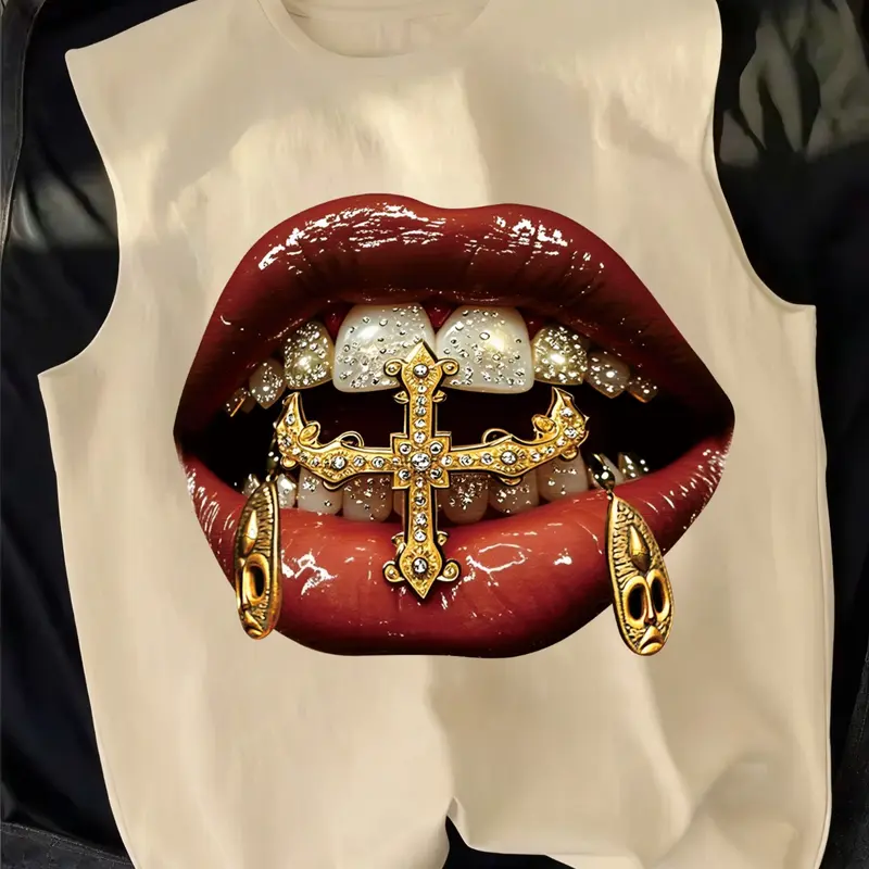Men's Summer Tropical American Hip Hop Gold Teeth Lip Print Tank Vest, Loose Fit Sleeveless Vest Tops Streetwear Top, Graphic Design, Casual Fashion