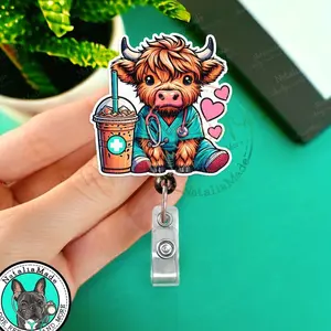 Highland Cow In Scrubs Retractable ID Badge Reel, Cute Cow with Coffee in Nurse Scrubs Badge Holder, Heavy Duty Reel, Lanyard, Carabiner
