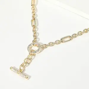 14K Gold Plated CZ Pave Toggle Accent Chunky Chain Necklace