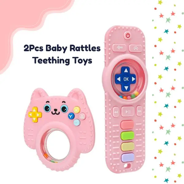 Baby Rattles Teething Toys, Silicone TV Remote Teether for Babies 3-24 Months, Infant Teething Relief Toy, Sensory Chew Toy for Boys & Girls