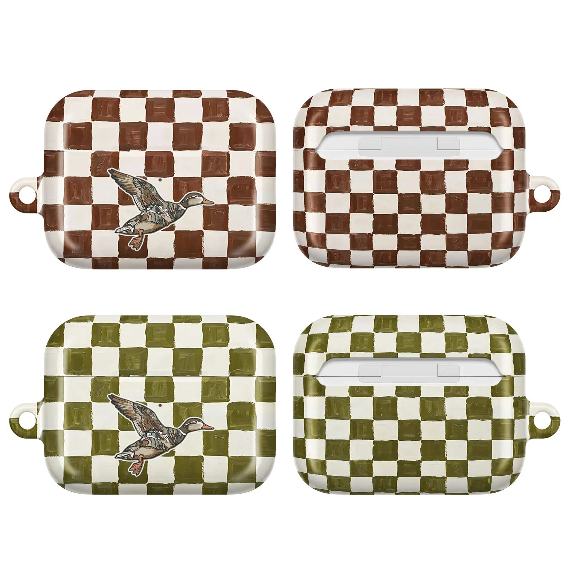 Flying Duck Checkered AirPods Case – Glossy Brown & Green Pattern with Nature Motif, Fits AirPods Pro (Gen 1/2) & AirPods (Gen 1/2/3), Rustic Gift for Outdoor Fans
