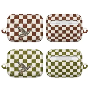 Flying Duck Checkered AirPods Case – Glossy Brown & Green Pattern with Nature Motif, Fits AirPods Pro (Gen 1/2) & AirPods (Gen 1/2/3), Rustic Gift for Outdoor Fans