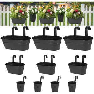 3 Different Size Metal Iron Hanging Flower Pots 10 count for Outdoor  Metal Hanging Bucket Pots Iron Railing Fence Planter with Drainage Holes and Hooks for Porch Railing Balcony Fence (Black)