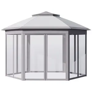 Outsunny 11' x 13' Pop Up Gazebo Canopy Tent with Zippered Mesh Sidewalls and Carrying Bag, Event Tent Shelter for Patio Garden Backyard, Gray