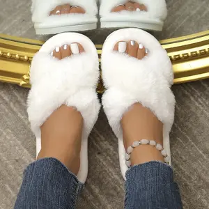 Autumn Winter Fluffy Fur Slippers Women Lightweight Cross Band Plush Slides Woman 2026 Open Toe Flats Fuzzy Home Slippers Female