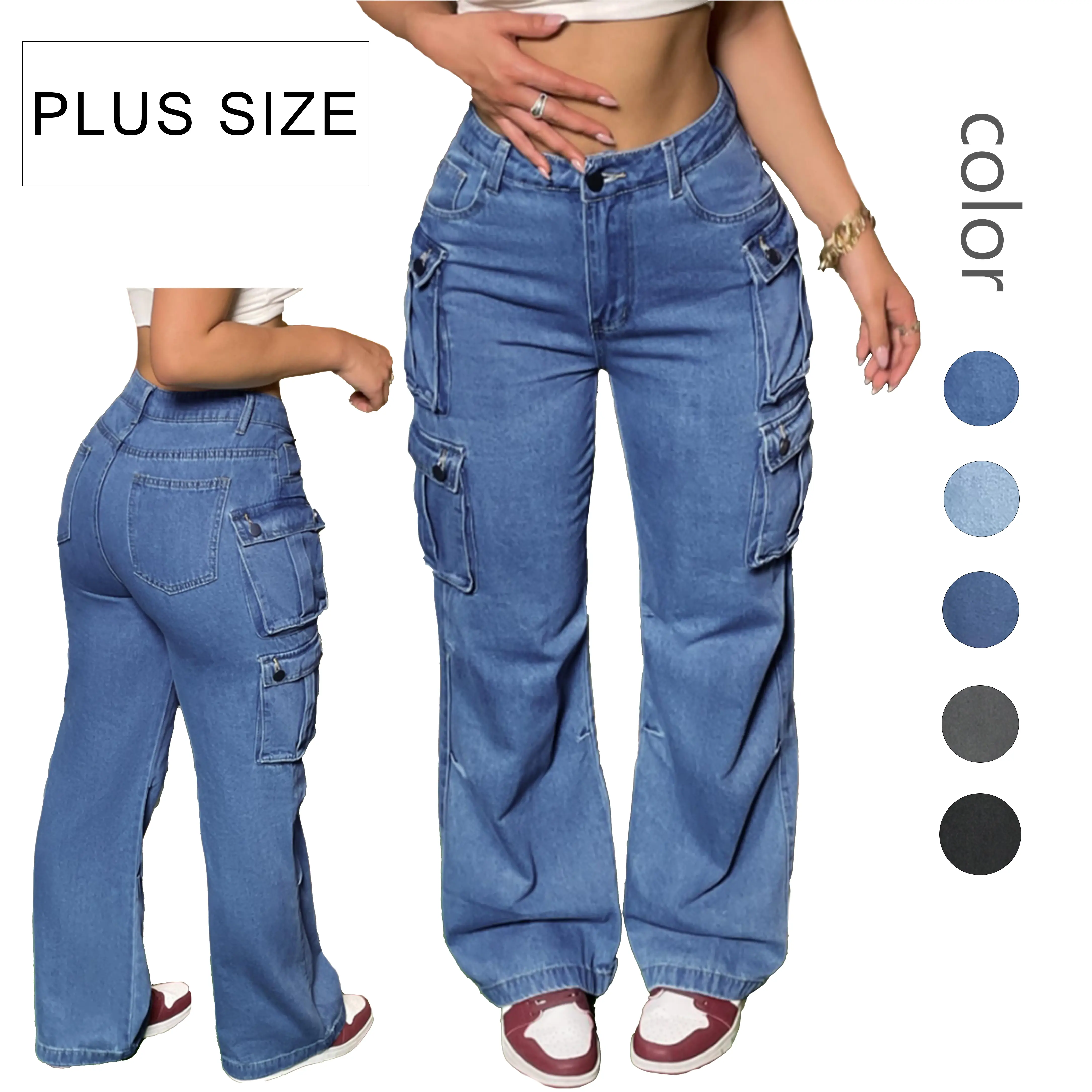 Women's Plus Size Light Wash High - Waisted Cargo Jeans with Multiple Pockets