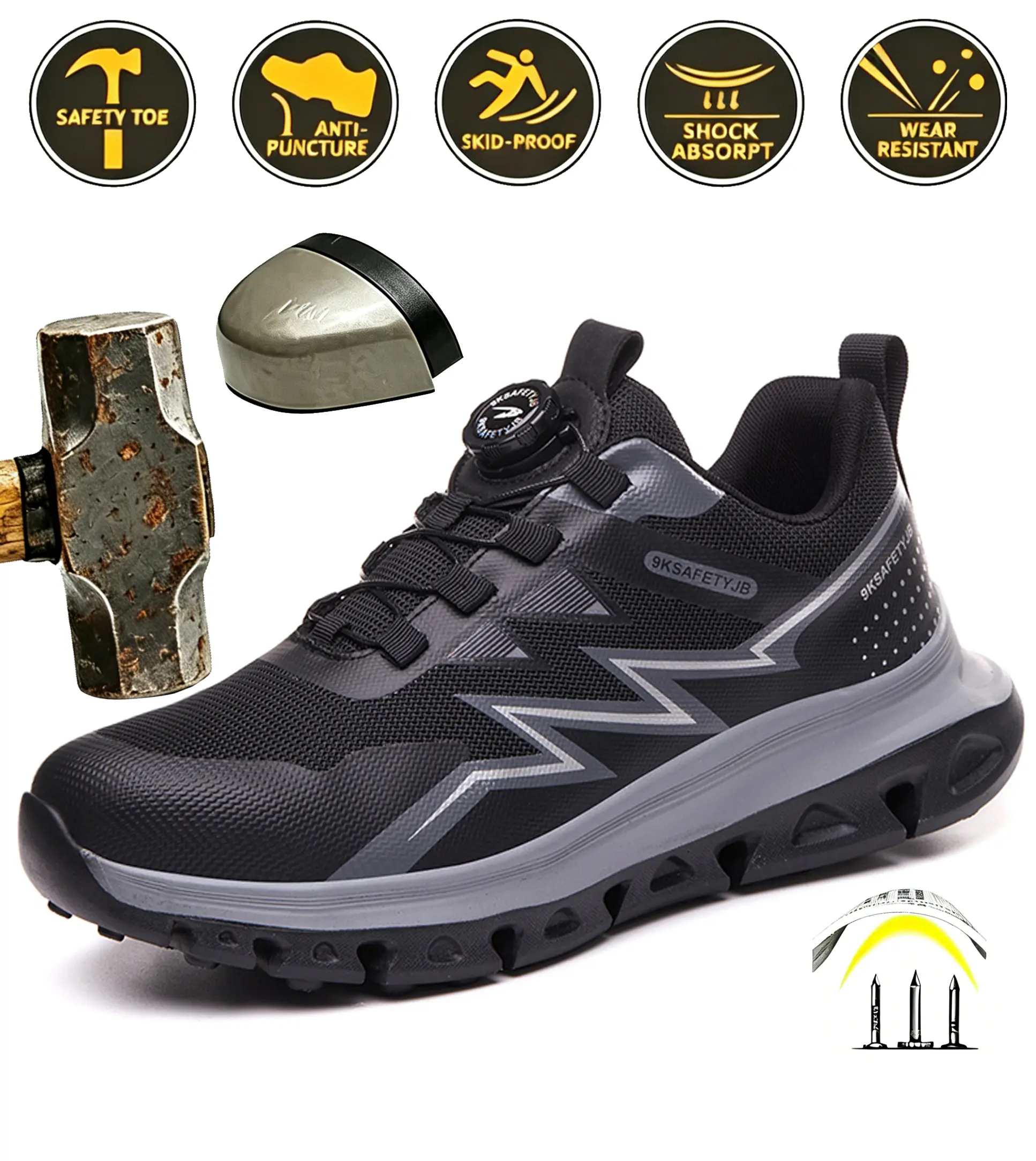 Men's Slip-On Steel Toe Work Shoes, No-Lace Microfiber Leather Safety Boots with Puncture-Proof Kevlar Sole, Non-Slip for Outdoors, Safety Boot