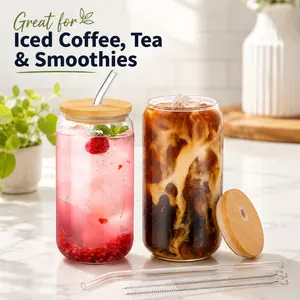 MIUVA Glass Iced Coffee Cup with Bamboo Lid & Glass Straw, Can Shaped Tumbler for Tea, Juice, Smoothies and Home Drinks