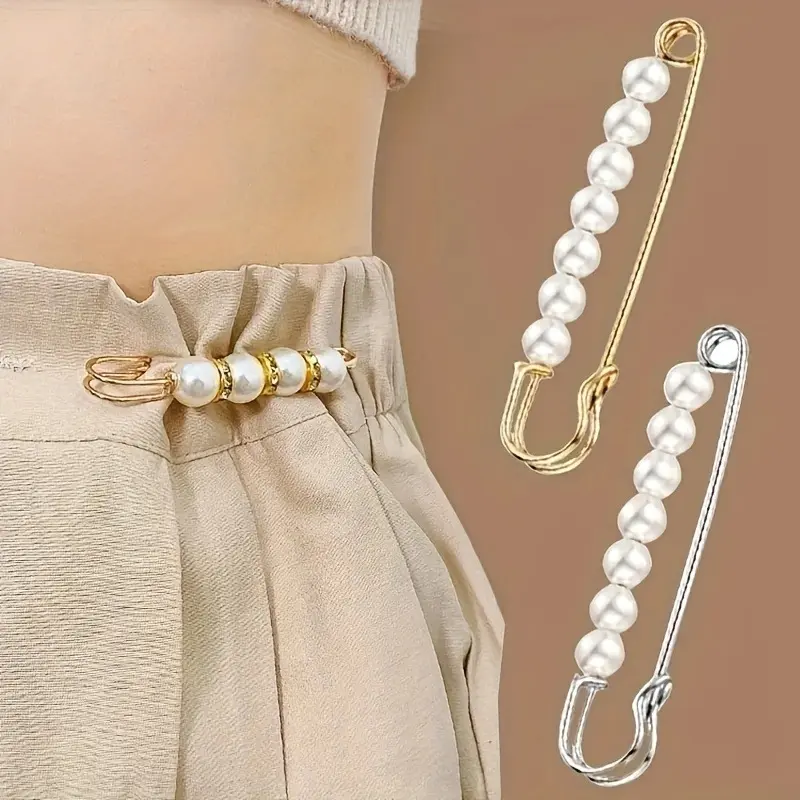 4pcs Decorative Safety Pins for Clothing Safety Pin Fancy Sweater Shawl Hat Clips Faux Brooches and Pins for Women Pants Skirt Waist Accessories 2.75*0.59 Inches (Golden, Silvery)