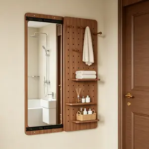 Wall Mounted Full Length Mirror with Shelf, 47.6-Inch Push-Pull Sliding Design, Space-Saving Home Decor for Bathroom, Bedroom