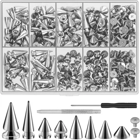 354pcs Cone & Stud Mix Punk Spikes Leather Craft Kit, 8 Sizes Metal Tree Spikes-Cone Rivets, Carry-Easy Plastic Box, Cool and Stylish for Belts, Necklaces, Best Choice for Gothic or Punk Styles