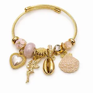 JJCREATIONZ Blush Luxe Charm Bracelet Gold-tone Twisted Bangle with Pearl Heart Fairy Cowrie Shell Floral Bead Crystal Embellishments Adjustable Cuff