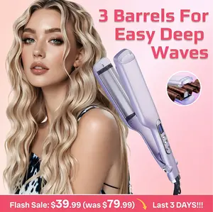 Curling Iron Beachy Waver, Hair Crimpers with 3 Barrel, Ceramic Curling Wand Adjustable Temperature Easy Waves, Dual Voltage, Deep Waver, Ceramic Glaze, Negative Ions, Fast Heating, Anti-Scald Tip, Safety Stand, Big S , Volumizing, Boho Styles, loose wave