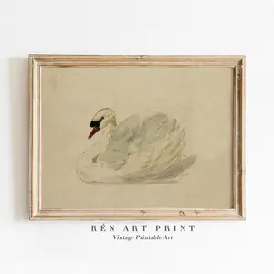 Vintage Swan Print | Antique Nursery Wall Decor| Vintage Watercolor Neutral Wall Art Printable | Country Farmhouse Decor