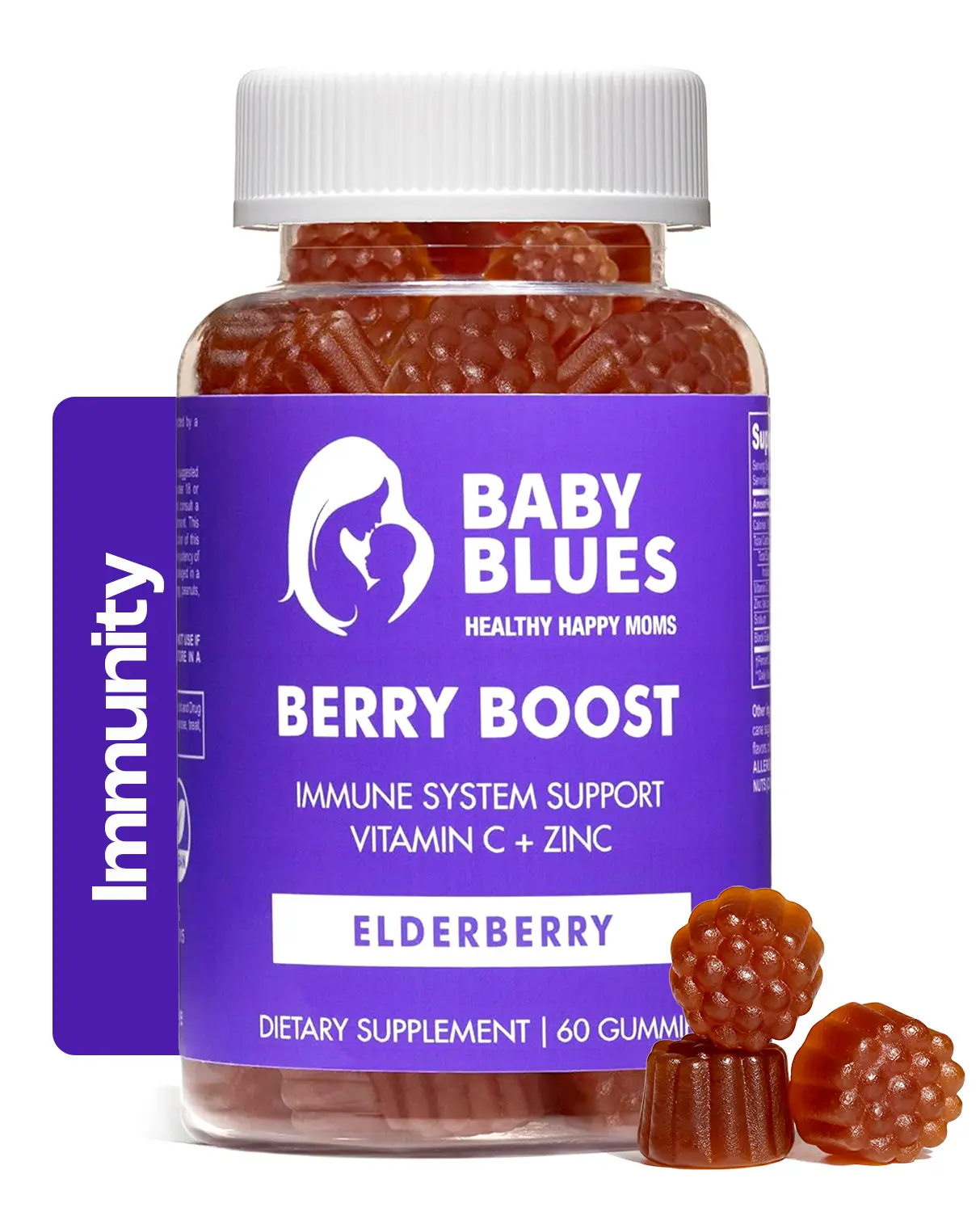 Baby Blues Berry Boost Elderberry Gummies, 150mg Black Elderberry with Vitamin C & Zinc, Immune Support Supplement for Adults, Dark Cherry Flavor, Vegan Gluten Free Non-GMO, 2 Gummies Daily, 60 Count 30 Day Supply